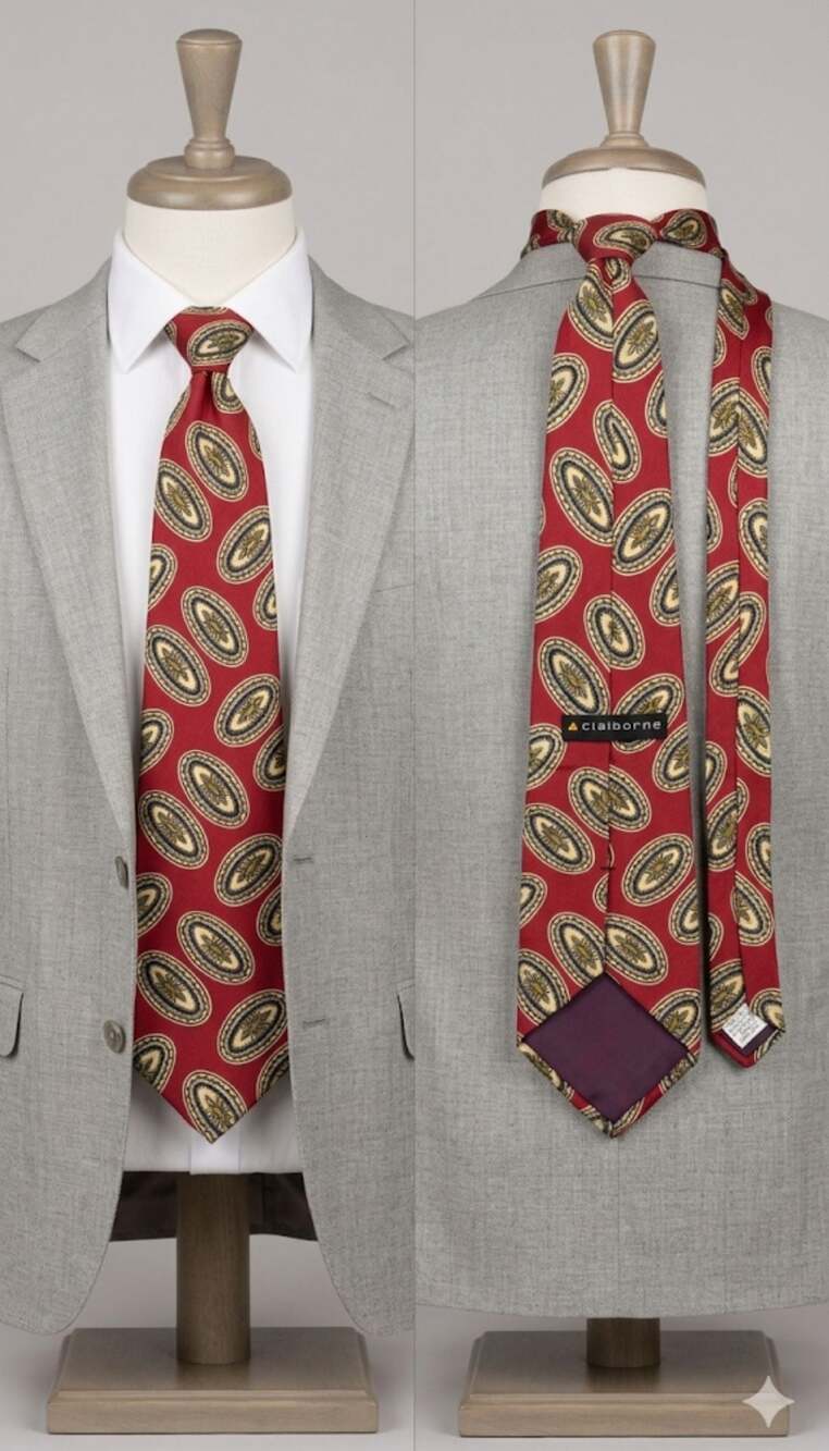Claiborne Men's Red Oval Pattern 100% Silk Necktie